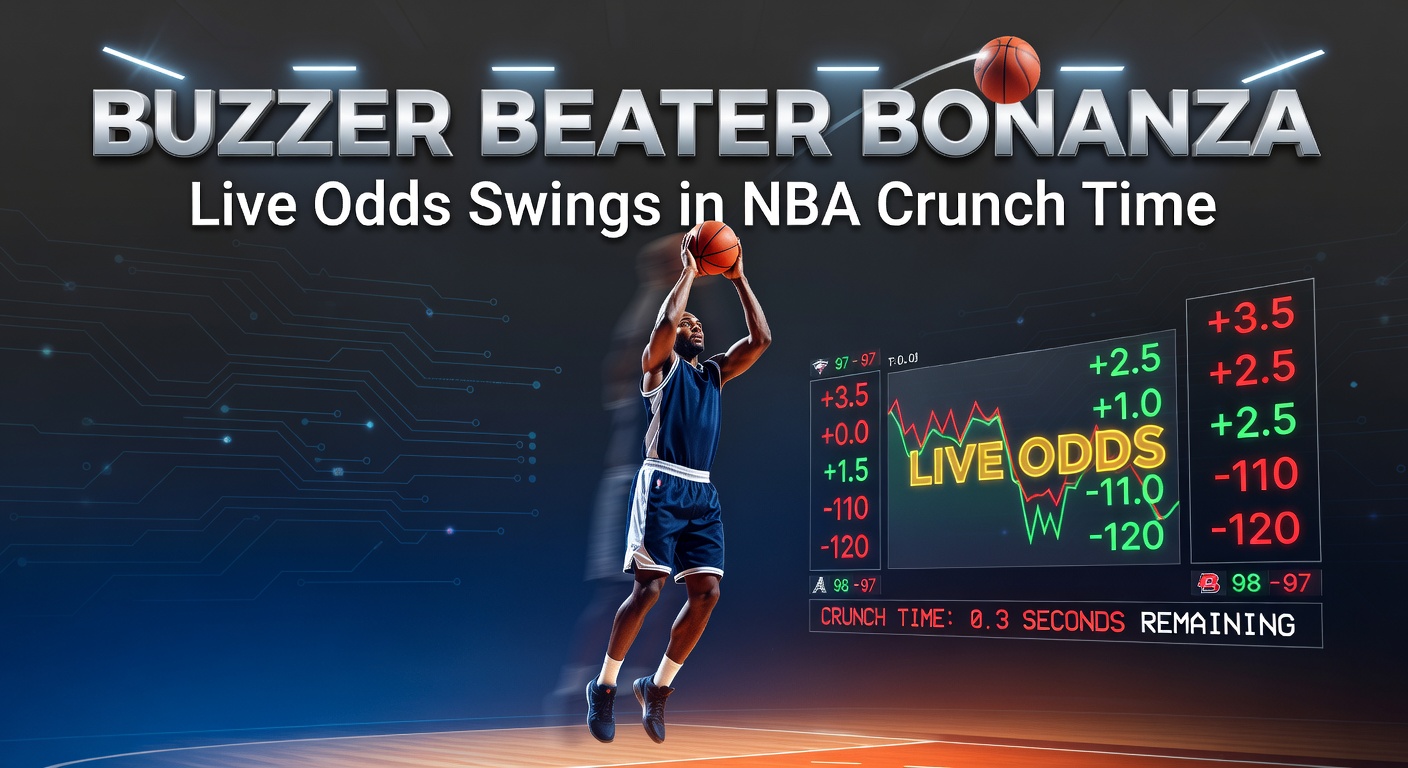Dramatischer Buzzer-Beater-Moment in einem NBA-Spiel mit jubelnden Fans und wechselnden Quoten auf dem Bildschirm