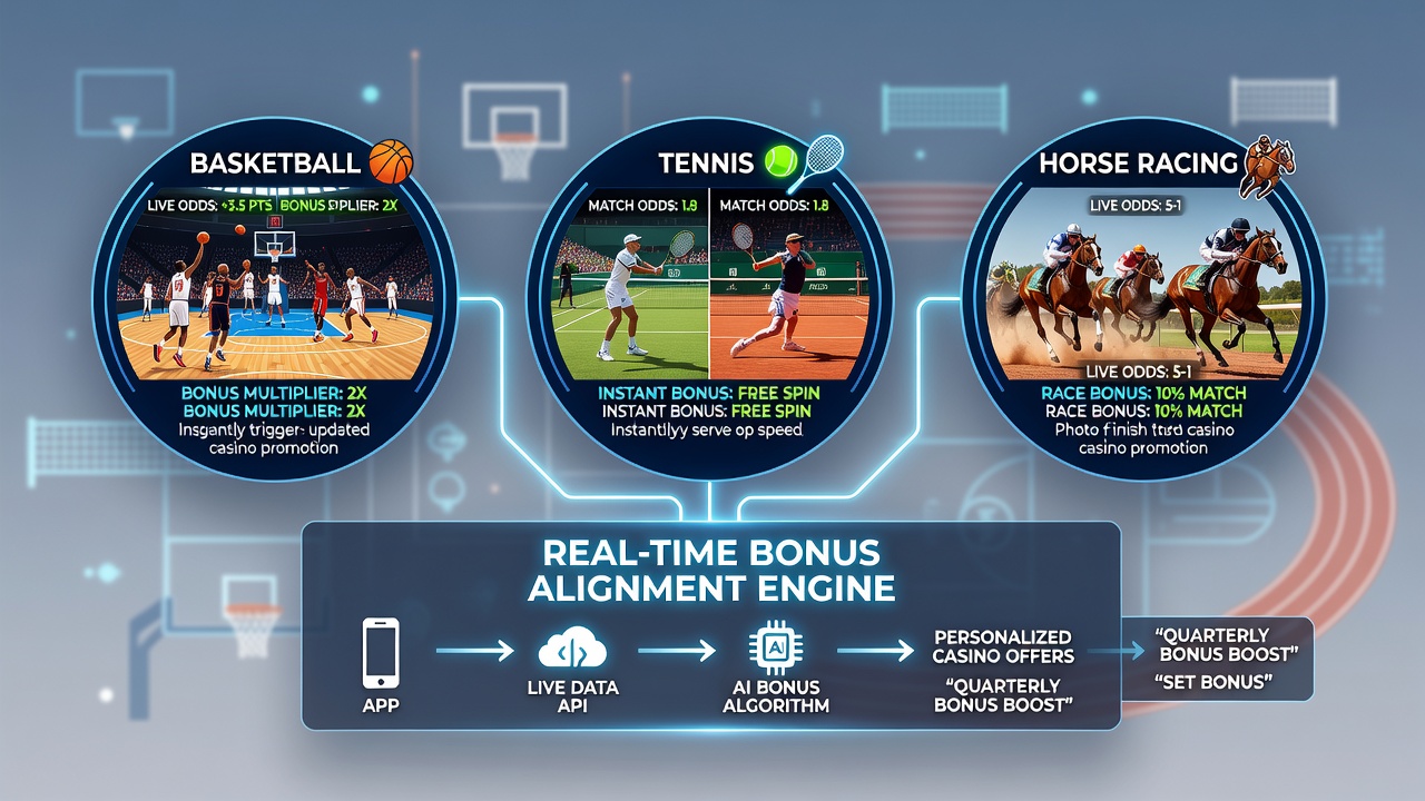 Dashboard einer mobilen App mit verknüpften Quoten für mehrere Sportarten und Casino-Boni-Anzeige