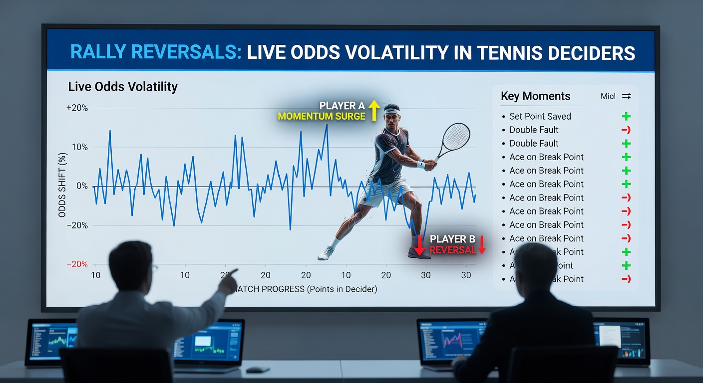 Tennisspieler in einem intensiven Rally während des Entscheidungssatzes, mit Overlay von schwankenden Quotenanzeigen