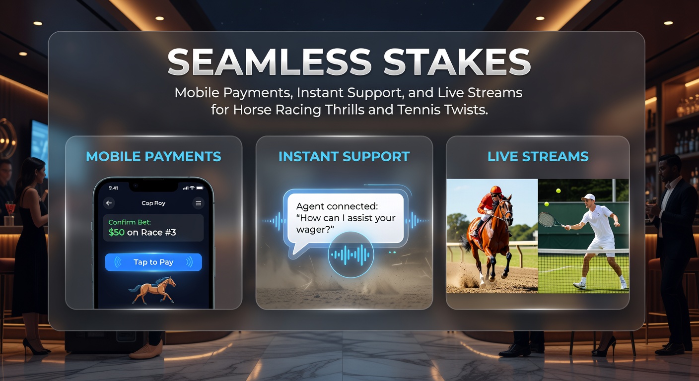 Ein dynamisches Bild von einem Pferderennen mit überlagerter Tennis-Szene, das mobile Wetten und Live-Action symbolisiert
