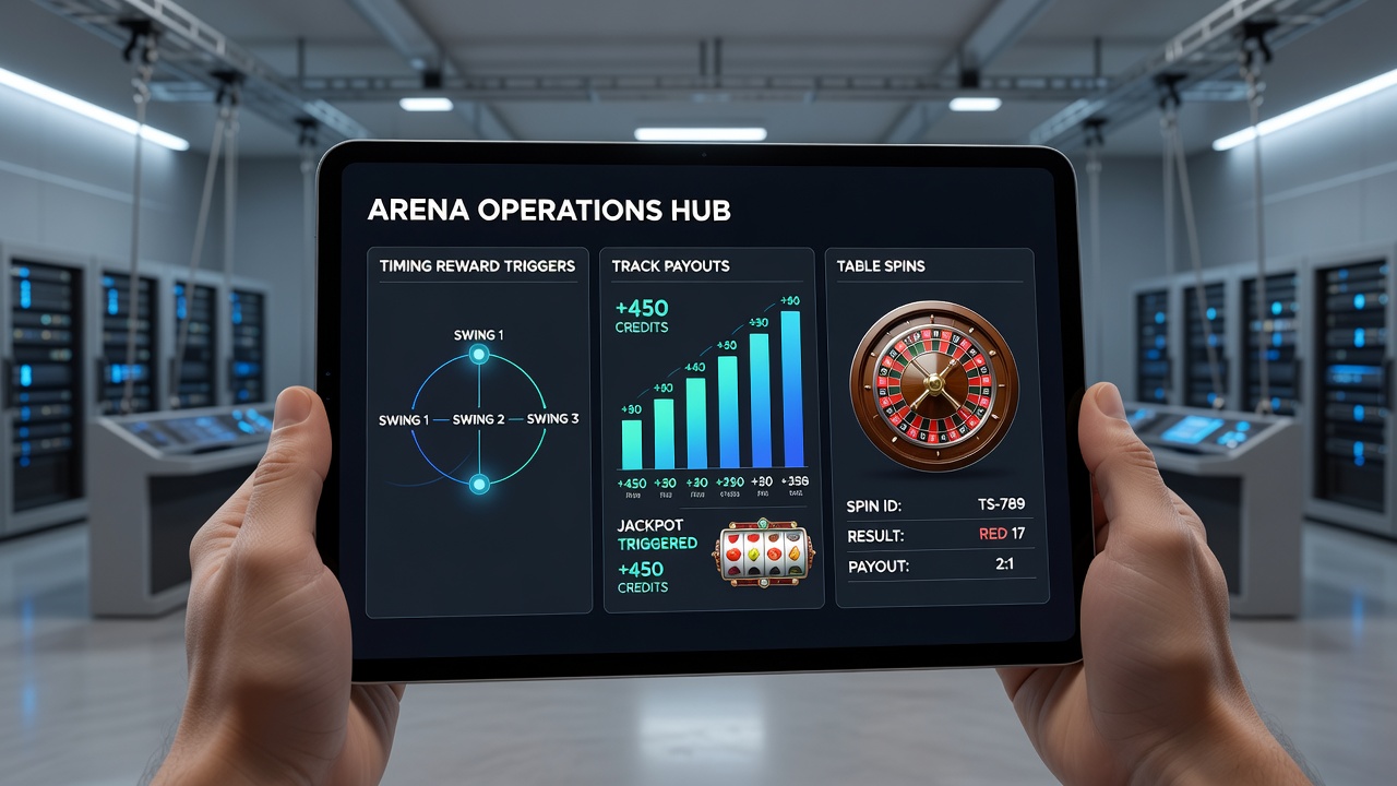 Handheld-Dashboard mit synchronisierten Belohnungstriggern über Arena, Track und Casino-Tische