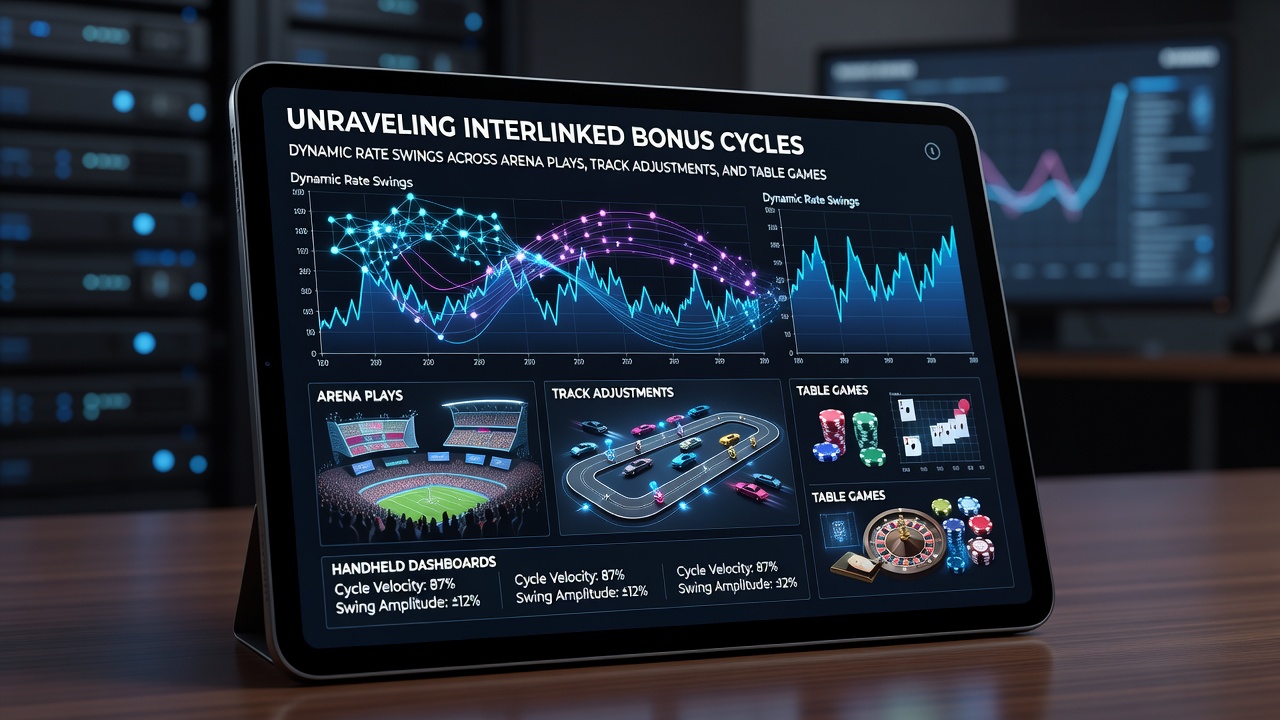 Mobile Dashboard zeigt vernetzte Bonuszyklen und Quotenbewegungen in Echtzeit für Arena-Spiele, Rennbahnen und Tischspiele