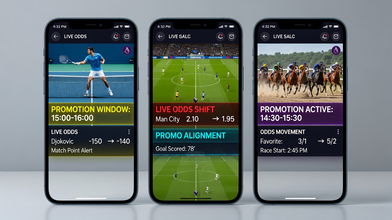 Mobile Dashboard zeigt synchronisierte Promotions und Live-Quoten für Tennis, Fußball und Pferderennen